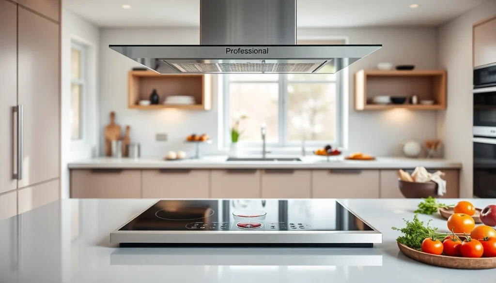 Highlight the best induction hob with integrated extractor in a modern kitchen to showcase its sleek design.
