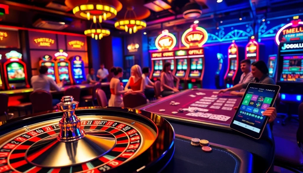 Jogoluck casino scene with players enjoying blackjack, roulette, and slot machines for thrilling gaming experiences.
