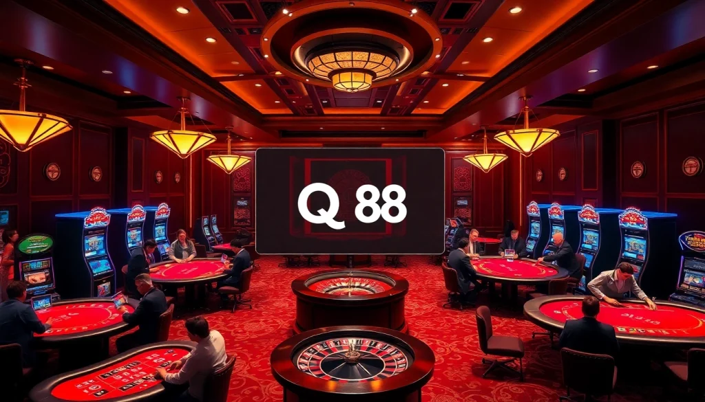 Players enjoying casino games at QQ 88, showcasing intense focus and vibrant slot machines.