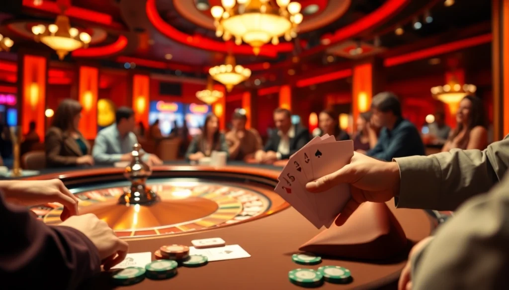 Engaged players enjoying 대구 오피 at a bustling casino table, showcasing vibrant poker chips and betting slips.