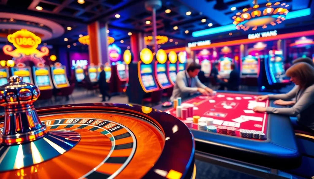 Experience the excitement of u888 with players at a roulette table, vibrant chips, and glowing slot machines.