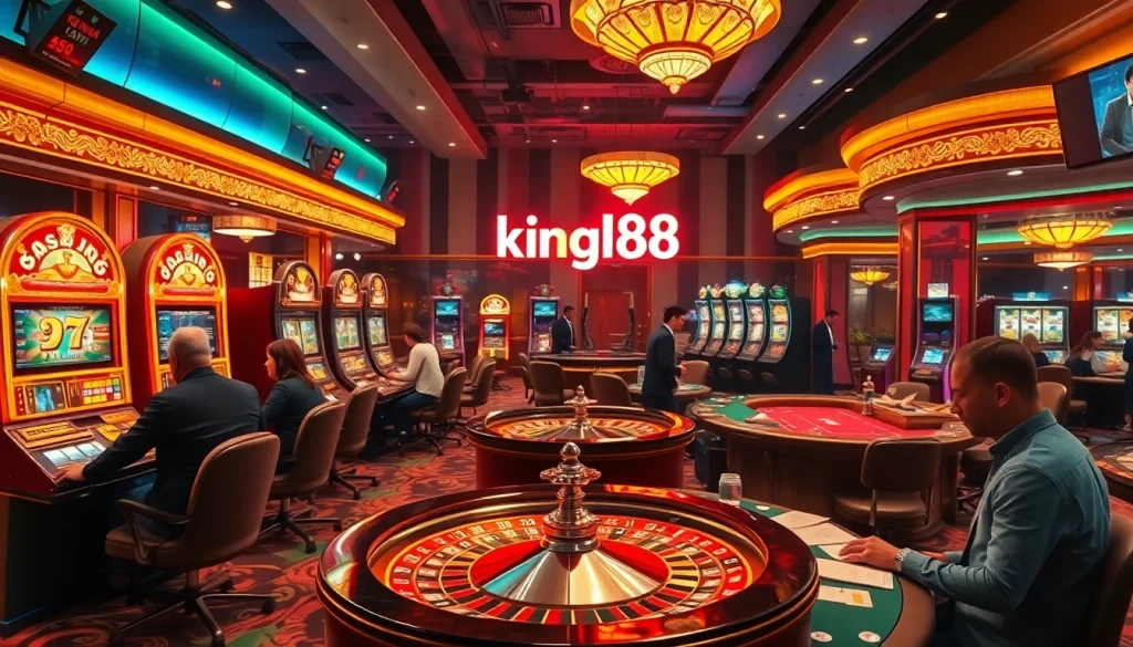 Experience excitement at king88 with lively casino tables featuring poker, roulette, and vibrant slot machines.
