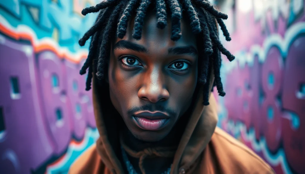 OK88 artist passionately performing in an urban setting with vibrant graffiti.