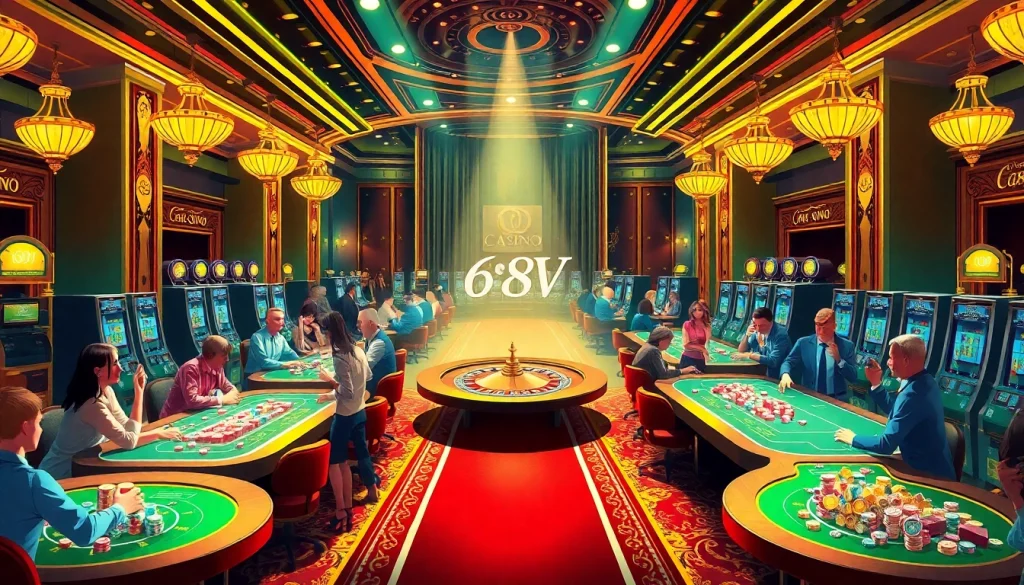 Players enjoying gaming at the luxurious 688v casino, featuring vibrant poker tables and slot machines.