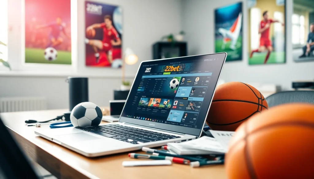 Betting on 22bet showcased with a laptop and sports gear in a modern home office