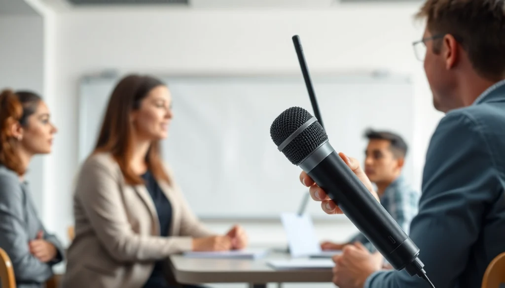 Connect and amplify your voice with the microphone epsion in a classroom setting.