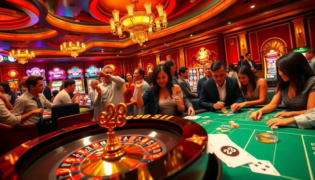 Experience the thrill at e28 Casino with vibrant tables filled with chips and players winning big.