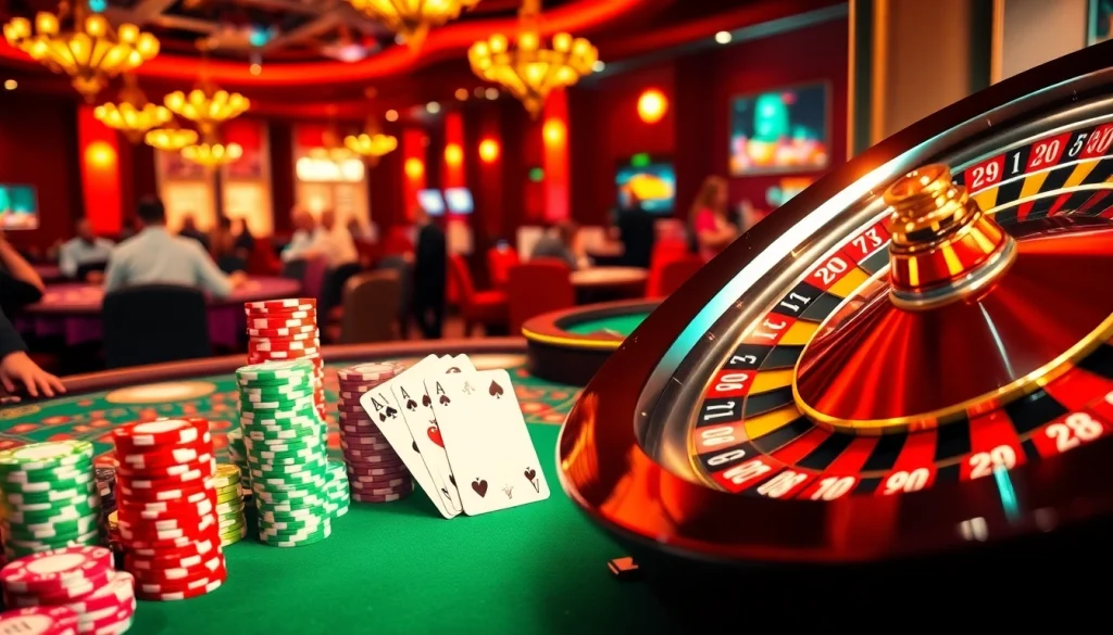 Engage in thrilling gameplay with bdg game login, showcasing vibrant poker tables and a spinning roulette wheel in an inviting casino atmosphere.