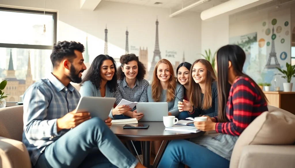 Students participating in a europe connection study session in a modern, cultural workspace.