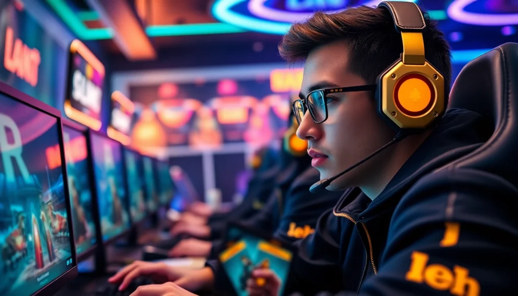 A gamer engaging with the awin 68 68 online card game in a vibrant, dynamic setting.