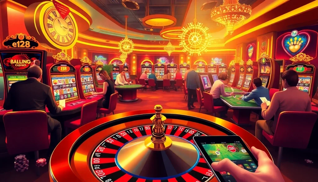 Dynamic casino atmosphere with players at gaming tables, showcasing e28 mobile gambling advancements.