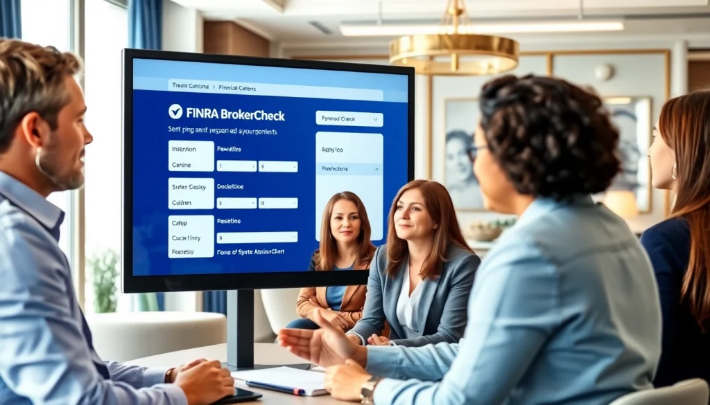 Verify credibility through the FINRA BrokerCheck tool with professional advisors in an office.