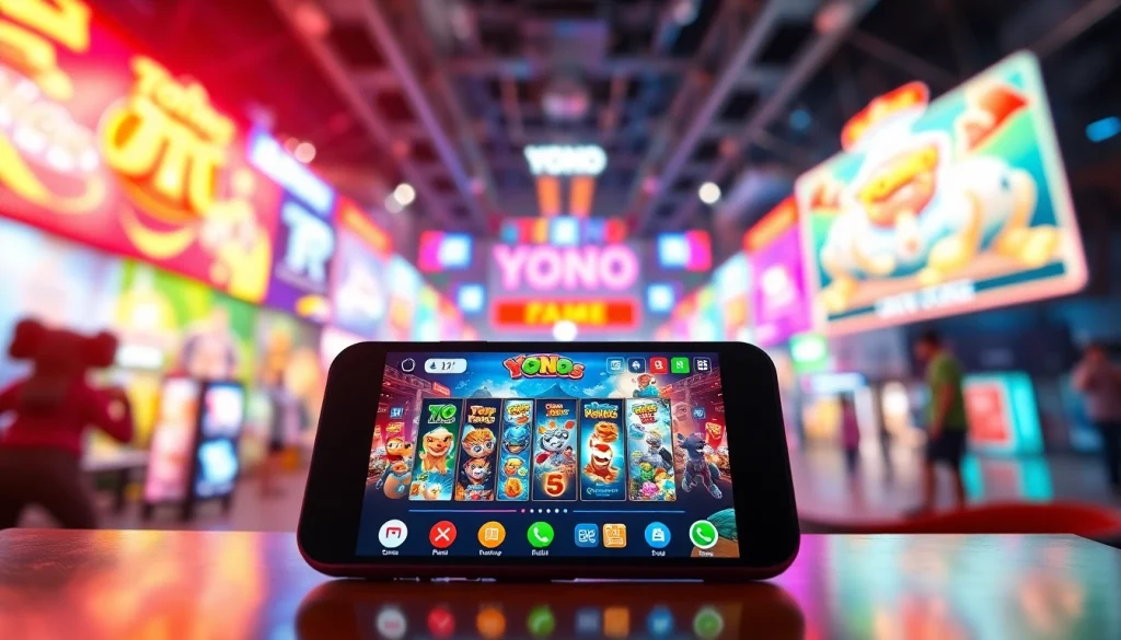 Engaging display of Yono All Games on a mobile device amid a lively gaming scene.