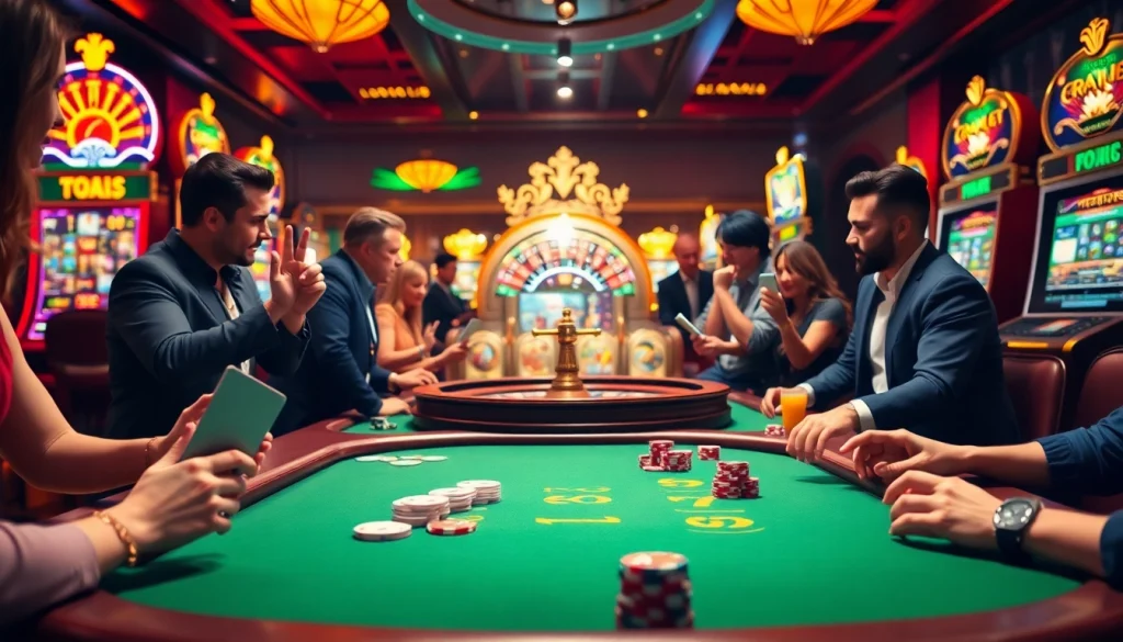 Engaging poker players thrill at 789betthailan com, surrounded by vibrant casino images.