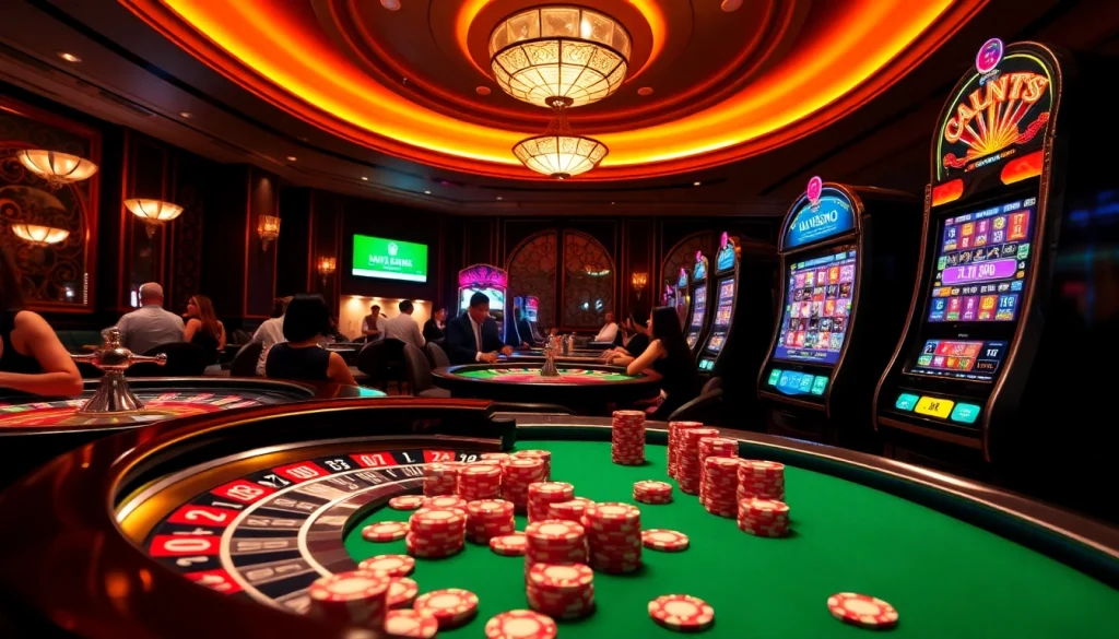 Players enjoying the thrill of MM88 at a vibrant casino table filled with poker chips and roulette.