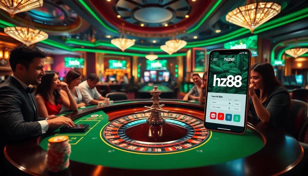 Experience the excitement of gambling at https://hz88.my/ with a vibrant roulette table, gaming chips, and lively players.