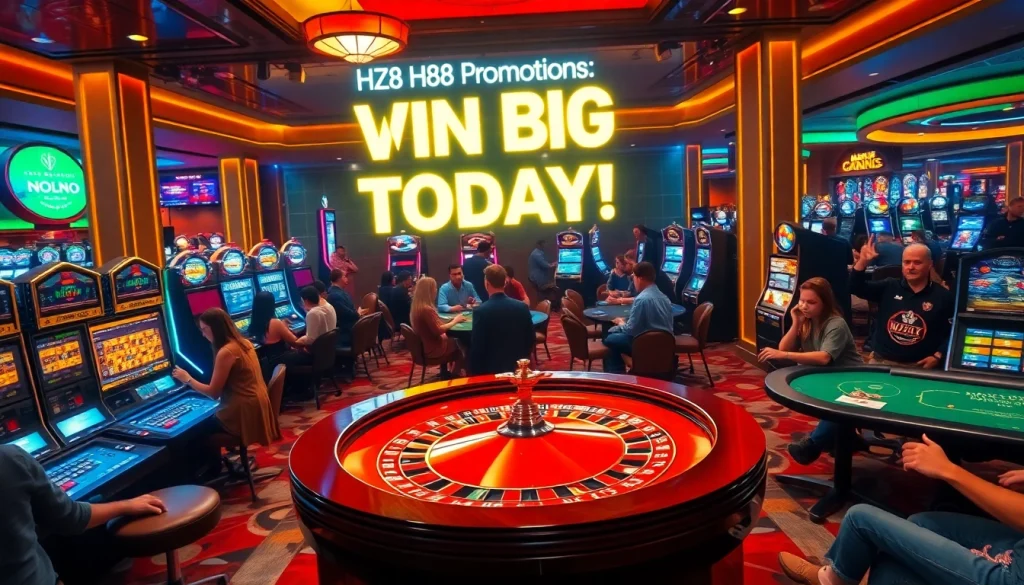 Experience HZ88's dynamic casino atmosphere with players at roulette and poker tables, showcasing thrilling gaming action.