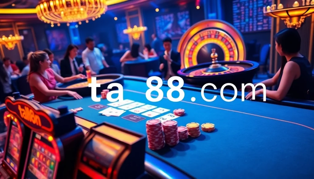 Experience the online excitement of ta88 com with an elegant poker table and vibrant casino elements.